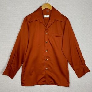 Vtg 70s Touch of Class Button Up Mens L Satin Rust‎ Red Long Sleeve Disco Retro